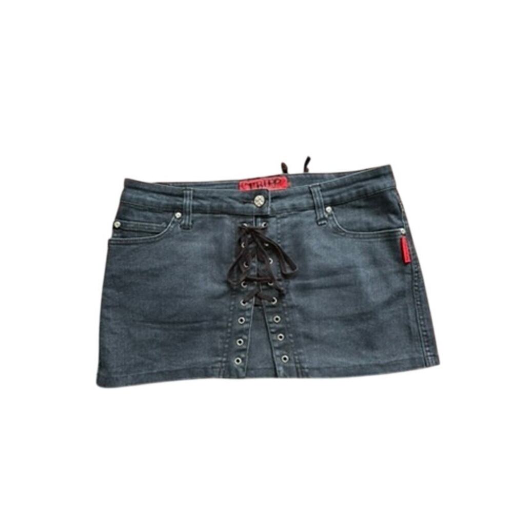 TRIPP NYC Vintage Y2K Mall Goth Lace Up Denim Micro Mini Skirt Dark Grey Womens